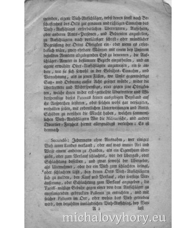 Dekret z období Marie Terezie - cenový výměr dobytka a masa pro Chebsko který platil i zde. Strana 2